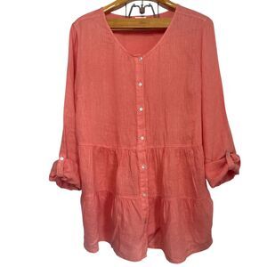 Sigrid Olsen 100% Linen Button Down Roll Tab Sleeve Peplum Blouse In Corral XL